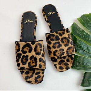 J.CREW CORA LEOPARD PRINT CALF HAIR SLIDE FLAT SANDALS
